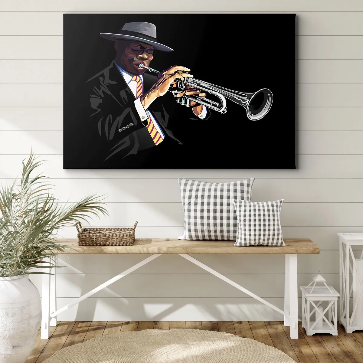 Vászonkép - Egy zenész trombitán játszik fekete háttér előtt - 70x50cm - Old school varásza - Modern fali dekoráció nappalihoz és hálószobához ARTTOR