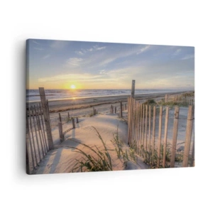 Vászonkép - Naplemente strand fakerítéssel - 70x50cm - A szél ragyogása és árnyéka - Modern fali dekoráció nappalihoz és hálószobához ARTTOR