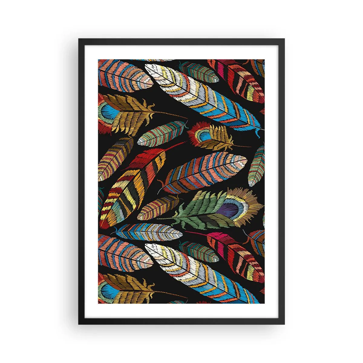 Poszter fehér keretben - Színes tollak fekete háttéren - 50x70cm - A madárkarnevál - Modern fali dekoráció nappalihoz és hálószobához ARTTOR