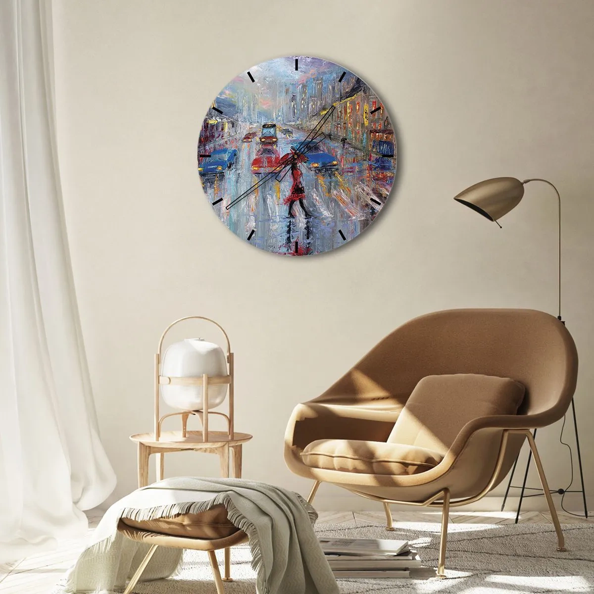 Falióra, Óra - Városi utcakép az esőben, színes fényekkel - 30x30cm - Esős