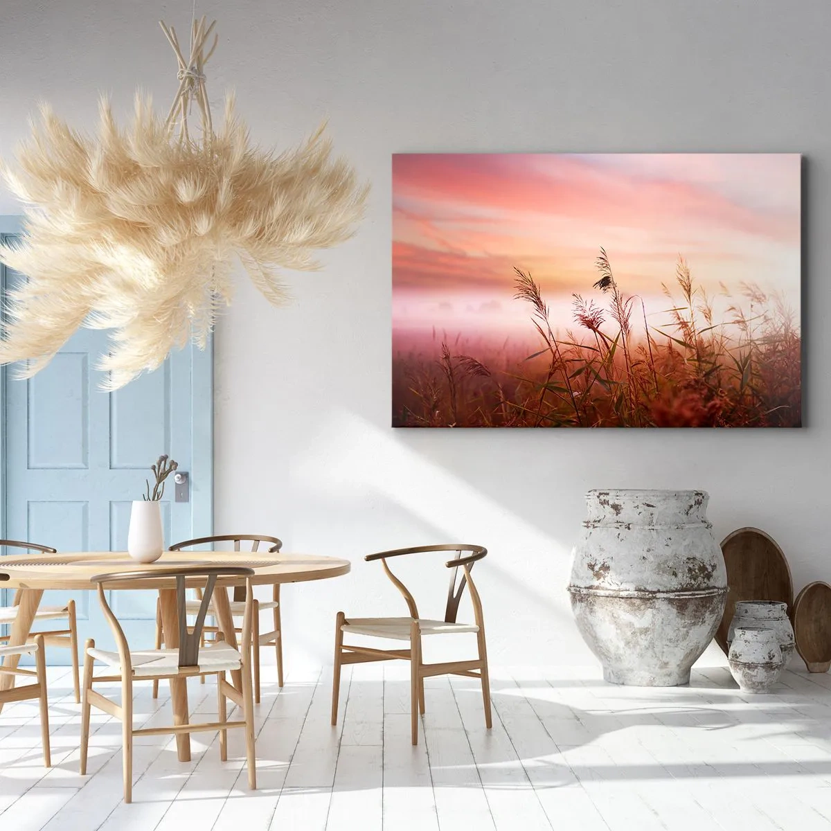 Vászonkép - Egy füves mező egy festői naplemente hátterében - 70x50cm - Sárkányok, pitypangok, szél - Modern fali dekoráció nappalihoz és hálószobához ARTTOR