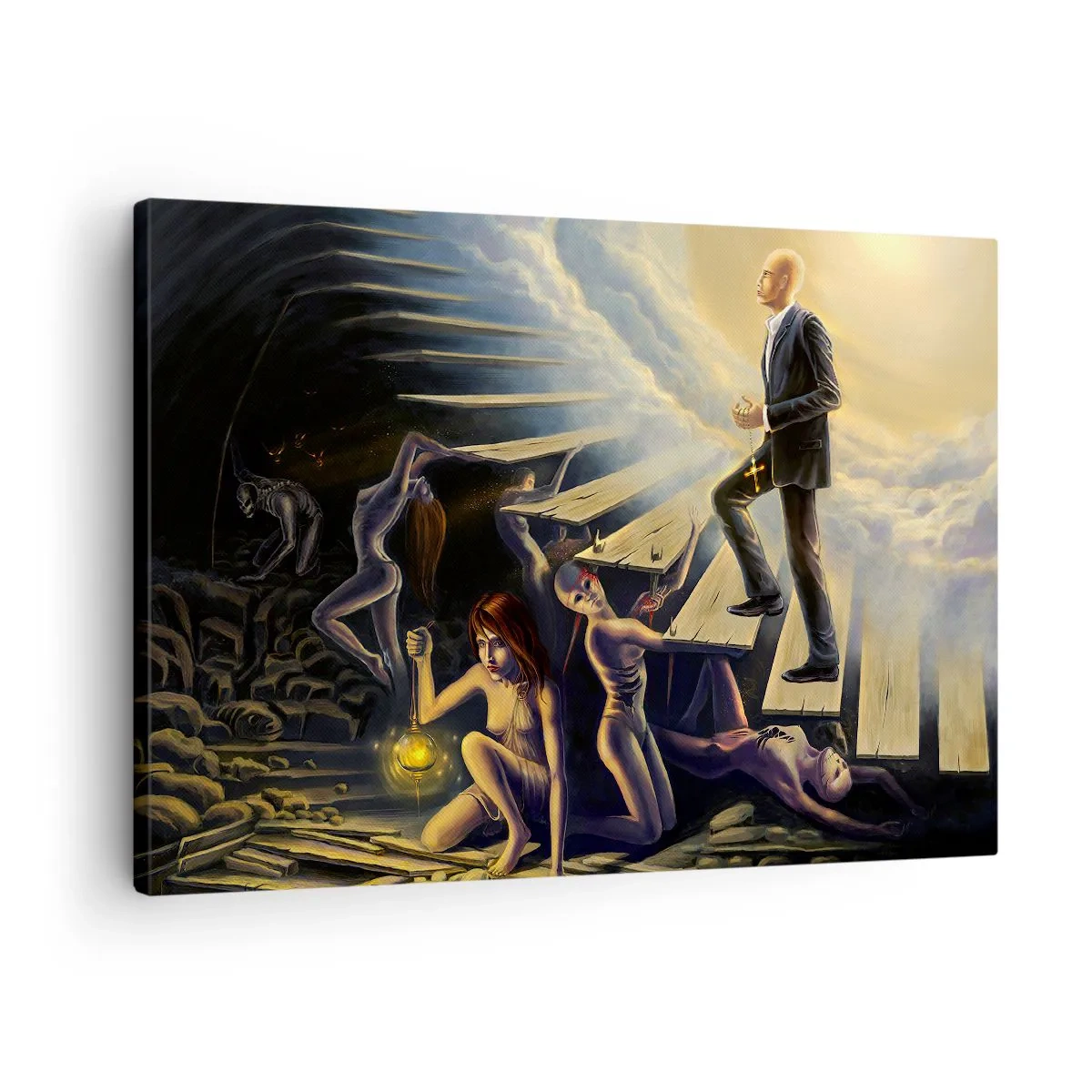 Vászonkép - Egy szimbolikus jelenet a fényhez vezető útról egy romos lépcsőn keresztül - 70x50cm - Dante-i utazás a fény felé - Modern fali dekoráció nappalihoz és hálószobához ARTTOR