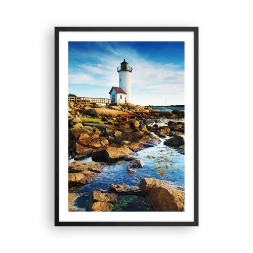 Poszter fehér keretben - Egy világítótorony egy sziklás parton egy napsütéses napon - 50x70cm - Gyertek vissza boldogan, várlak - Modern fali dekoráció nappalihoz és hálószobához ARTTOR