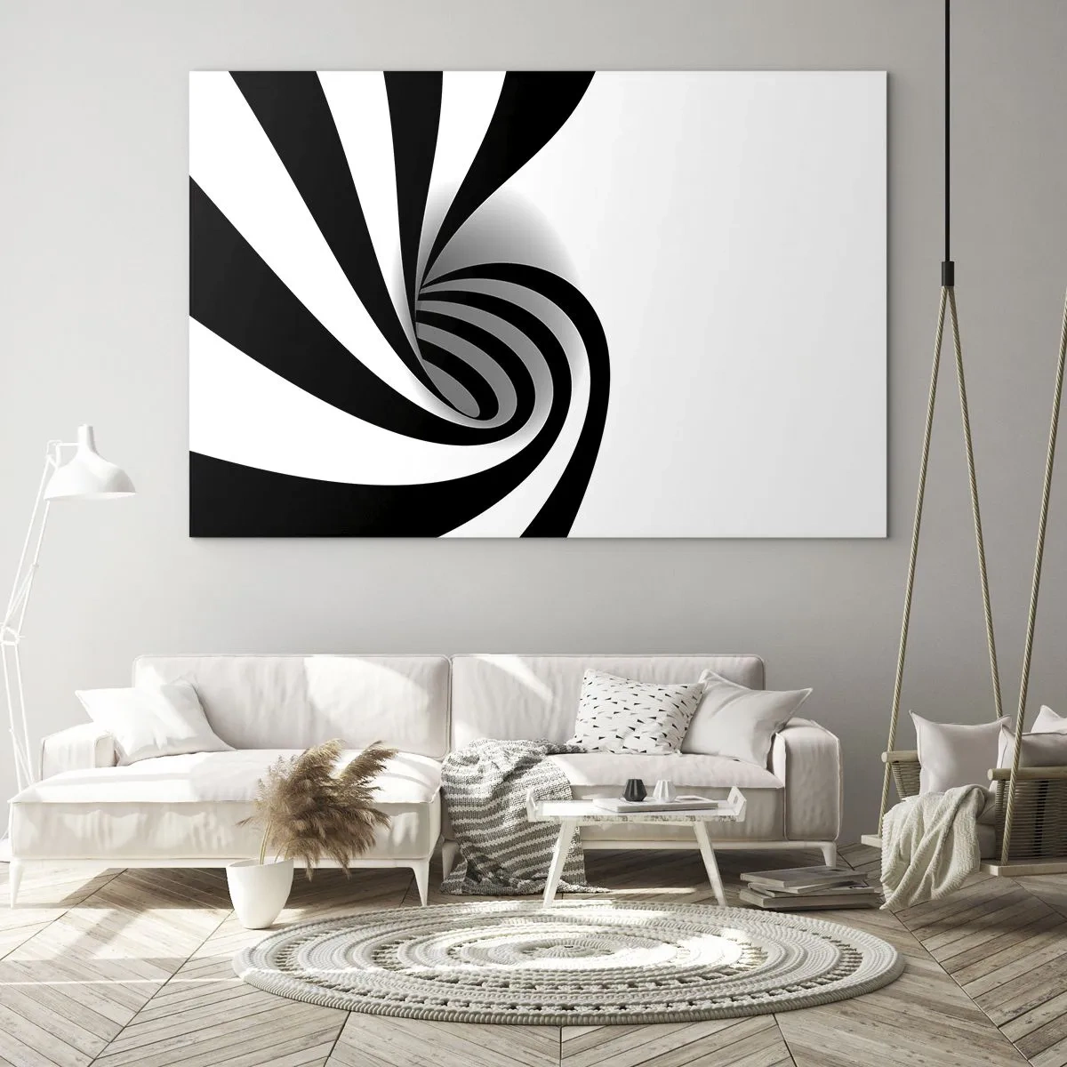 Üveg kép - Dinamikus formájú fekete-fehér absztrakt spirál - 70x50cm - És mégis forog - Modern fali dekoráció nappalihoz és hálószobához ARTTOR