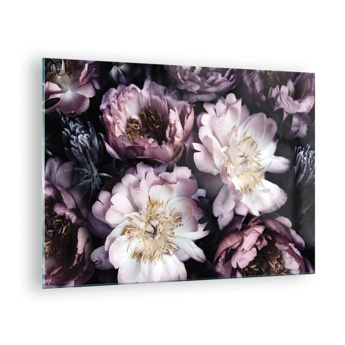 Üveg kép - Romantikus pünkösdi rózsacsokor visszafogott lilában és rózsaszínben - 70x50cm - Régi stílusú csokor - Modern fali dekoráció nappalihoz és hálószobához ARTTOR