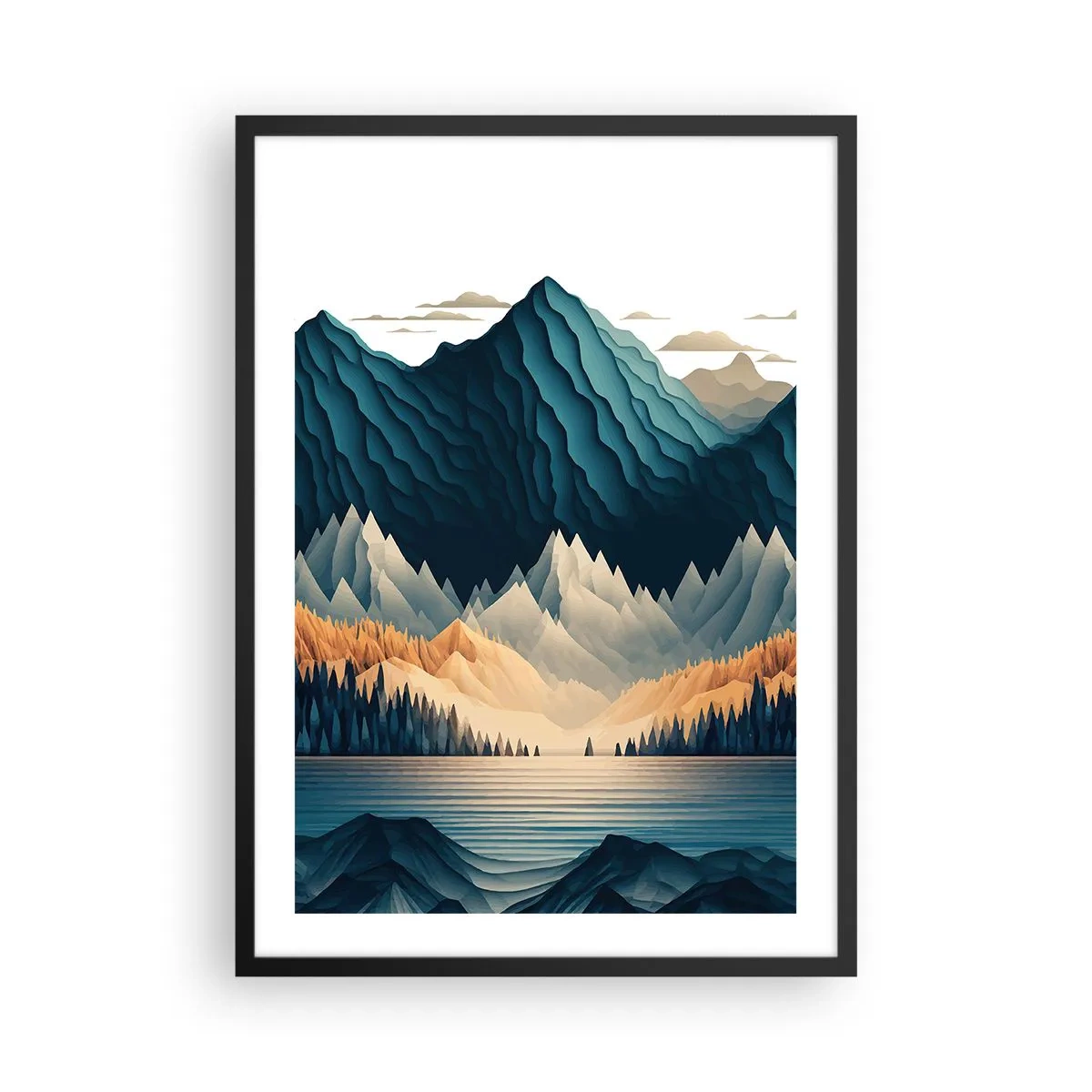 Poszter fehér keretben - Stilizált hegyi táj kék árnyalatú tóval - 50x70cm - Tökéletes hegyi táj - Modern fali dekoráció nappalihoz és hálószobához ARTTOR