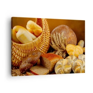 Vászonkép - Különböző kenyerek fonott kosárban, arany alapon - 70x50cm - Megint megúsztuk - Modern fali dekoráció nappalihoz és hálószobához ARTTOR