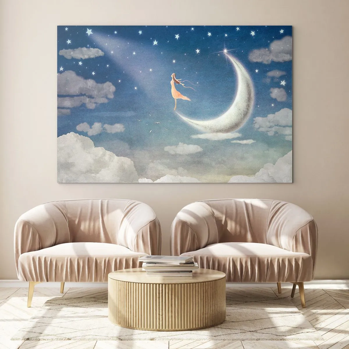 Üveg kép - Egy nő lenge ruhában áll a Holdon a csillagos égen. - 70x50cm - Kék udvarló - Modern fali dekoráció nappalihoz és hálószobához ARTTOR