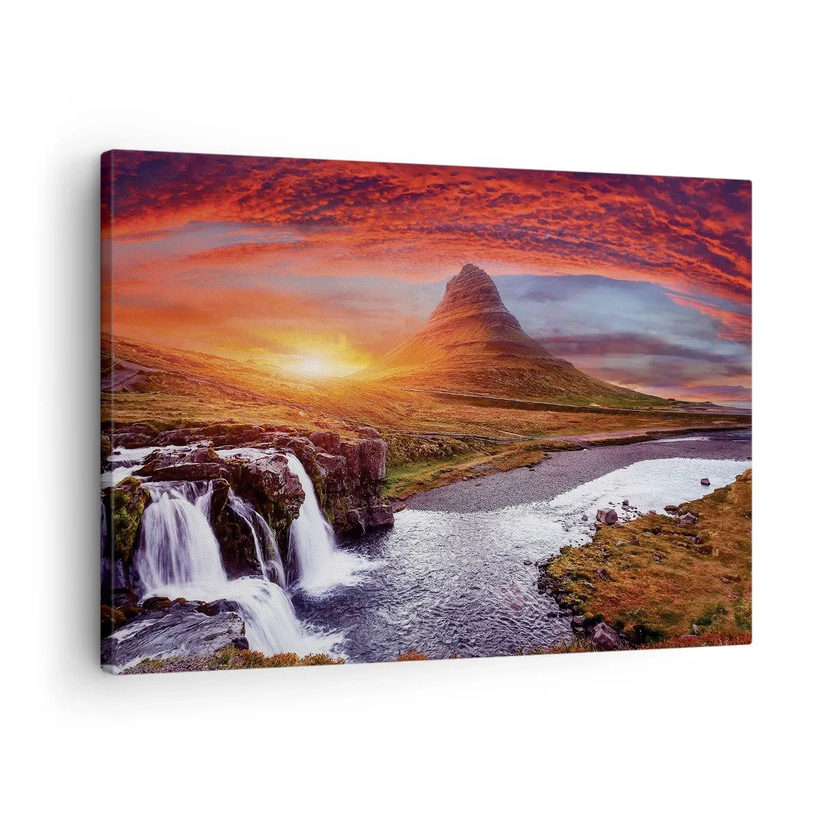 Vászonkép - Hegyi táj vízeséssel naplementekor - 70x50cm - Középfölde kilátása - Modern fali dekoráció nappalihoz és hálószobához ARTTOR