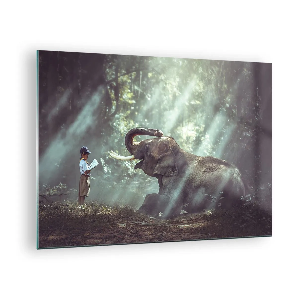 Üveg kép - Egy fiú könyvvel és egy elefánttal erdei környezetben - 70x50cm - Ezt hallgasd meg… - Modern fali dekoráció nappalihoz és hálószobához ARTTOR