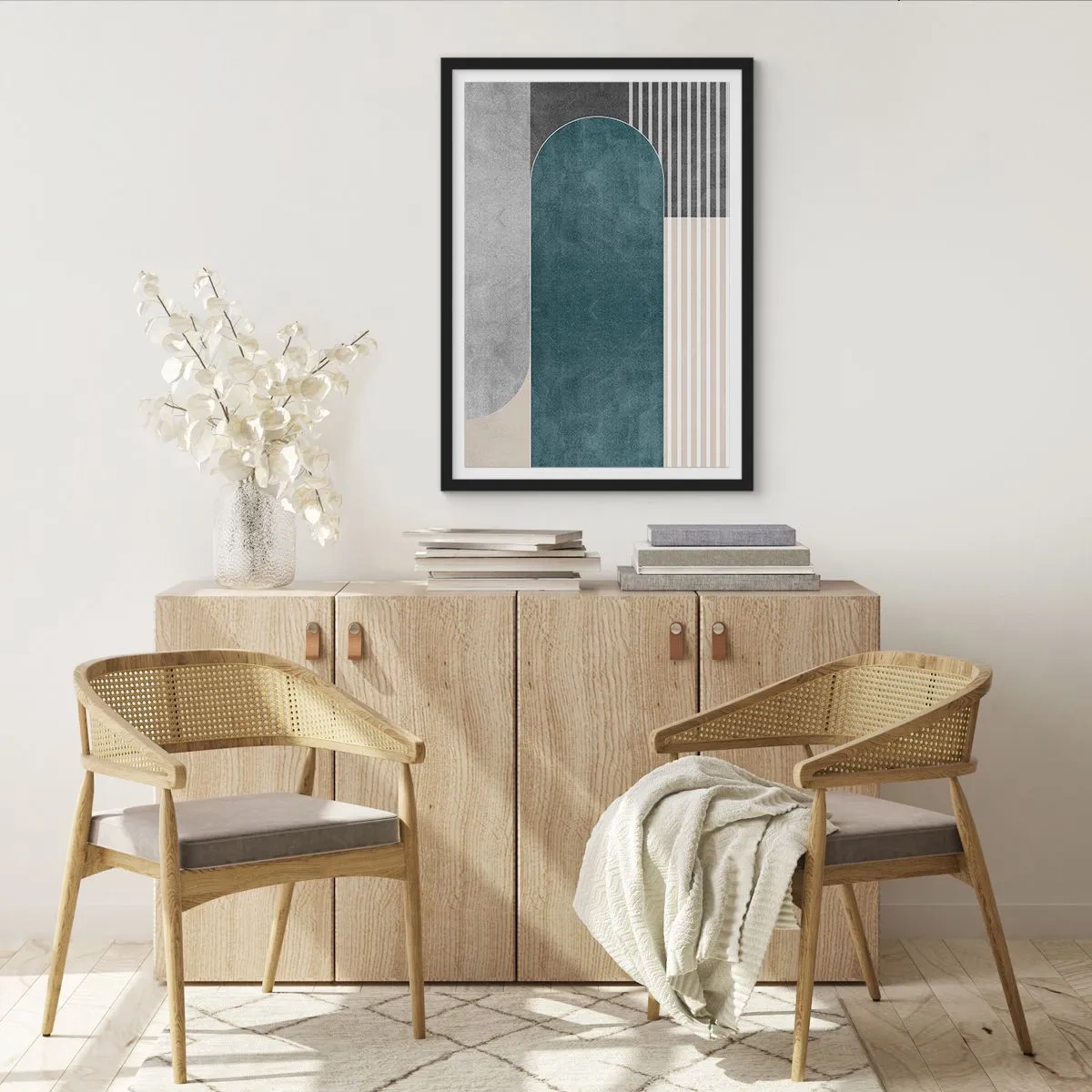 Poszter fehér keretben - Geometriai kompozíció zöld és szürke árnyalatokban - 50x70cm - Vízszintes kompozíció - Modern fali dekoráció nappalihoz és hálószobához ARTTOR