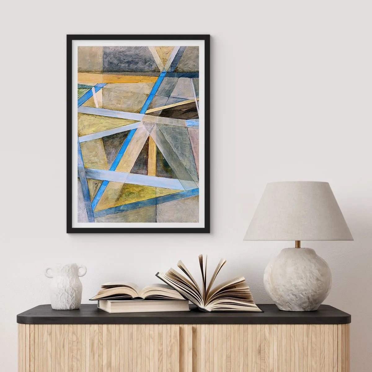 Poszter fehér keretben - Geometrikus absztrakció kék és arany árnyalatokkal - 50x70cm - Egyenesen vagy átlósan? - Modern fali dekoráció nappalihoz és hálószobához ARTTOR