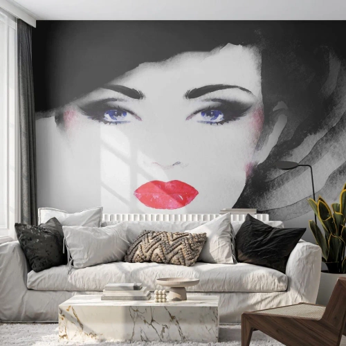 Fotótapéta Premium Canvas - Elutasít és hív - Női Arc, vörös ajkak, Kék szemek - 100x70 cm