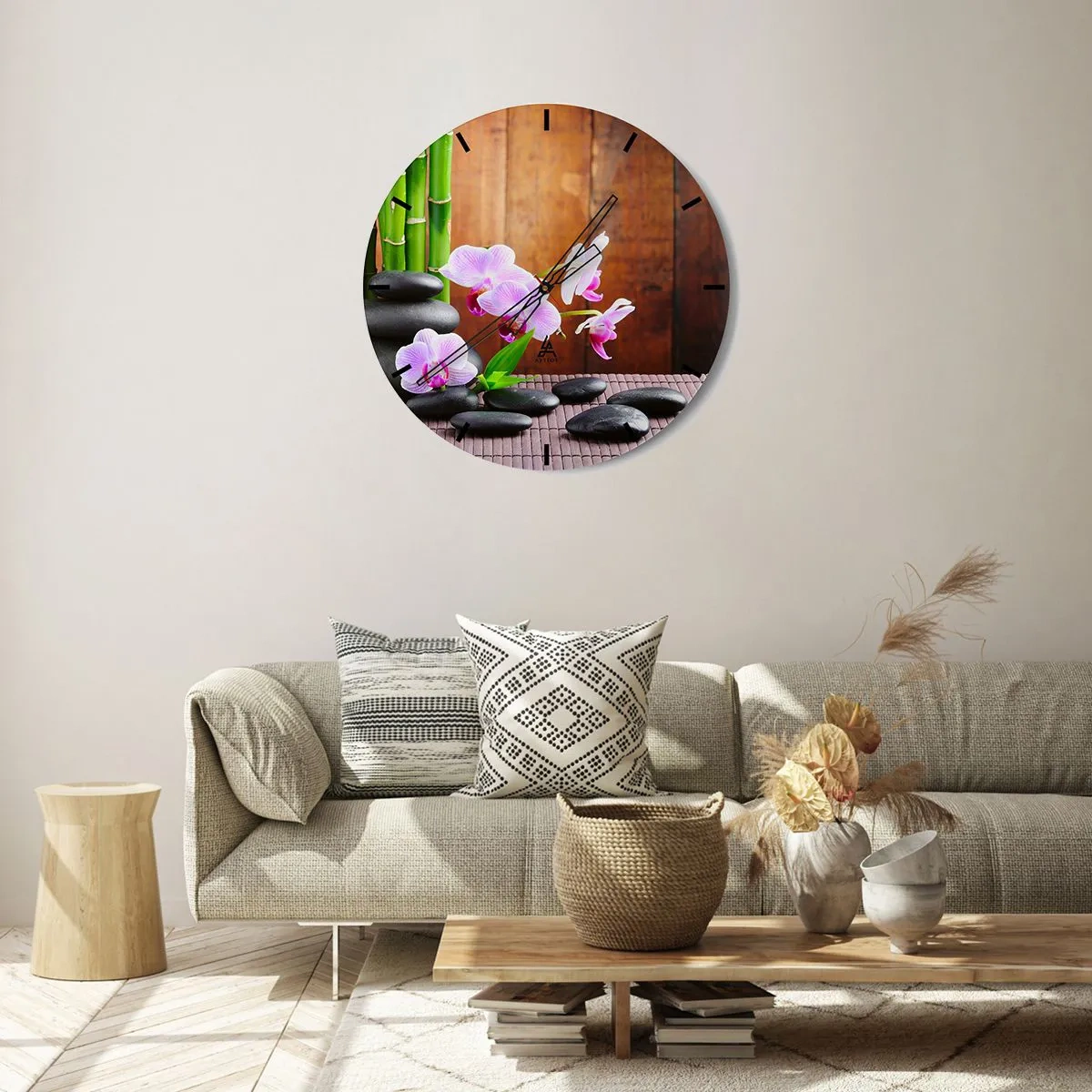 Falióra, Óra - Lila orchideák bambusszal és kövekkel - 30x30cm - Ismerd meg a kelet örömeit - Modern fali dekoráció nappalihoz, konyhához és hálószobához ARTTOR