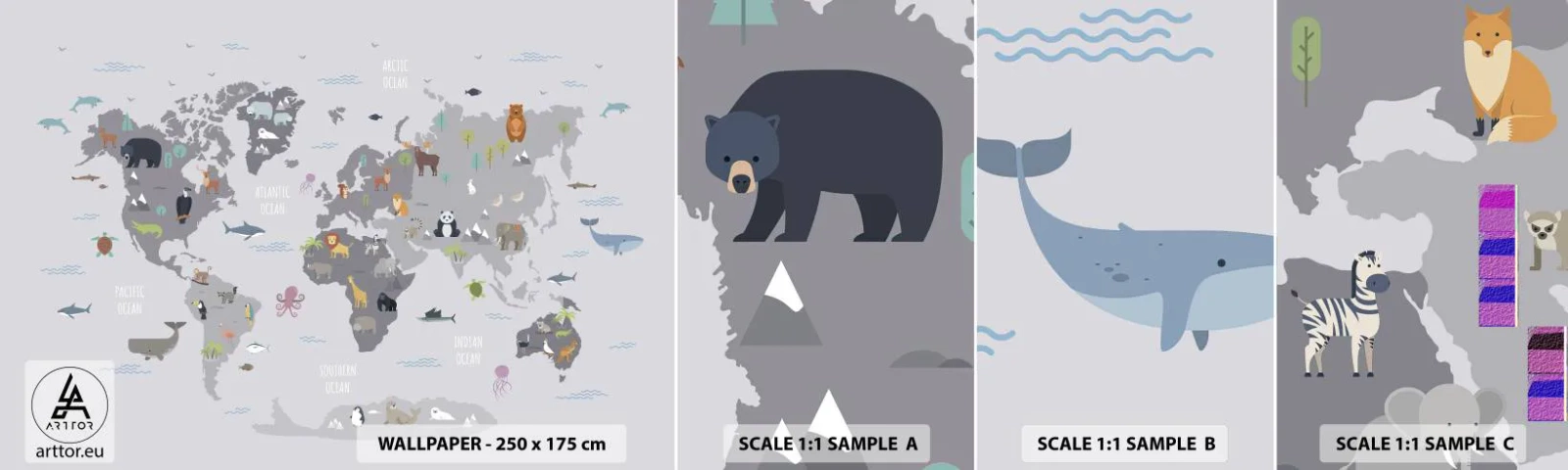 Fotótapéta Minta Standard Eco - Mondd meg, hogy honnan jöttél... - Világtérkép, Állatok, Kontinensek - 100x30 cm