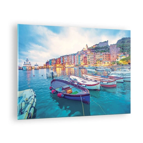 Üveg kép - Cinque Terre esti látképe színes épületeivel - 70x50cm - Színes este a kikötőben - Modern fali dekoráció nappalihoz és hálószobához ARTTOR