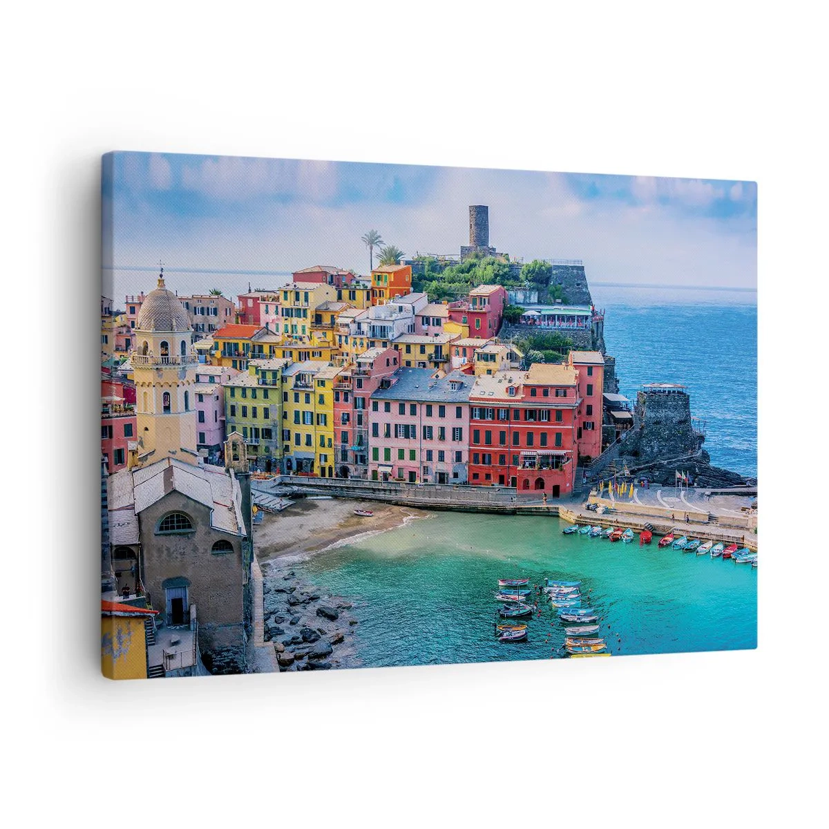 Vászonkép - Egy színes tengerparti város festői kikötővel - 70x50cm - Varázslatos mediterrán város - Modern fali dekoráció nappalihoz és hálószobához ARTTOR