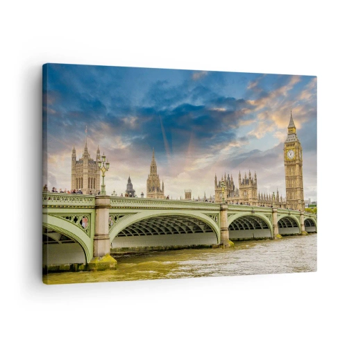 Vászonkép - Big Ben és Westminster híd az ég ellen alkonyatkor - 70x50cm - Az idő megállt a Birodalomban - Modern fali dekoráció nappalihoz és hálószobához ARTTOR