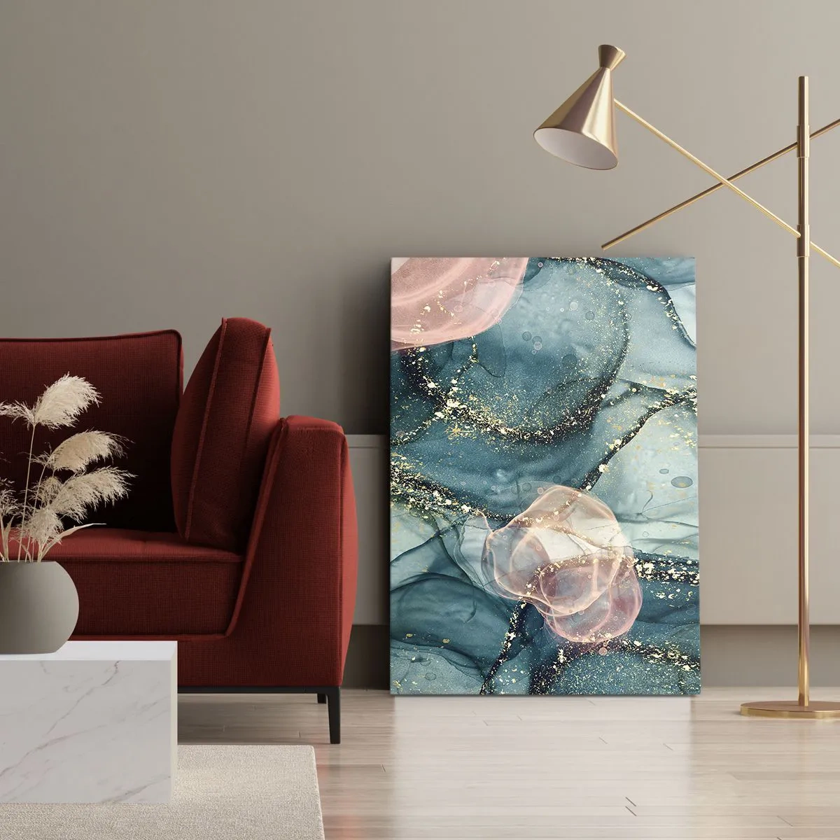 Vászonkép - Selyemkék, tüll rózsaszín - 50x70 cm