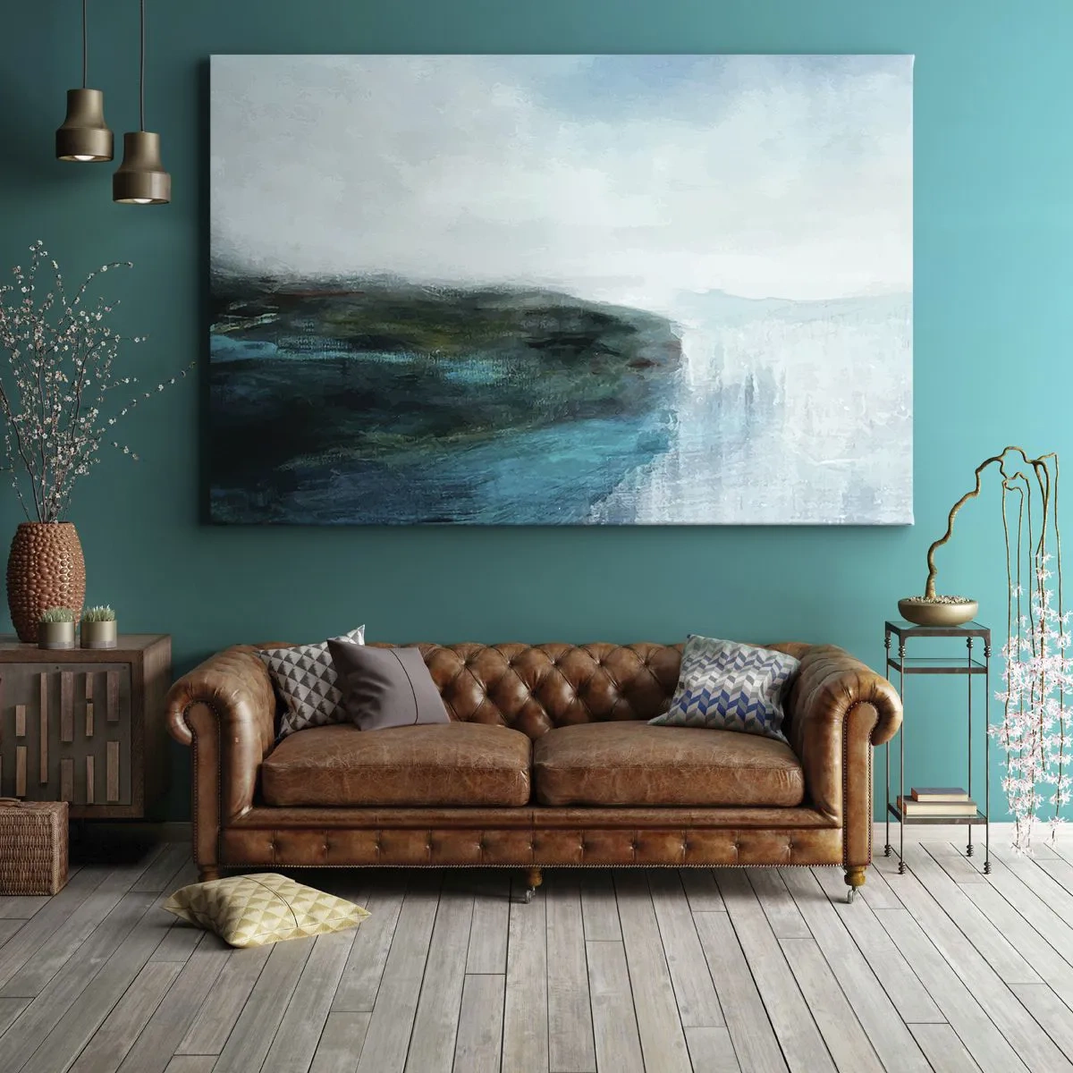 Vászonkép - Absztrakt tájkép türkiz és szürke árnyalatokban - 70x50cm - Tengeri absztrakció - Modern fali dekoráció nappalihoz és hálószobához ARTTOR