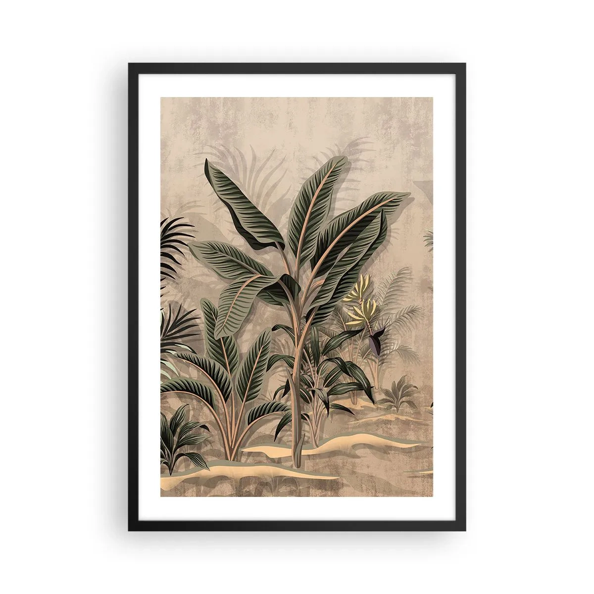 Poszter fehér keretben - Egzotikus növényzet bézs alapon - 50x70cm - Gyarmati stílusú metszet - Modern fali dekoráció nappalihoz és hálószobához ARTTOR