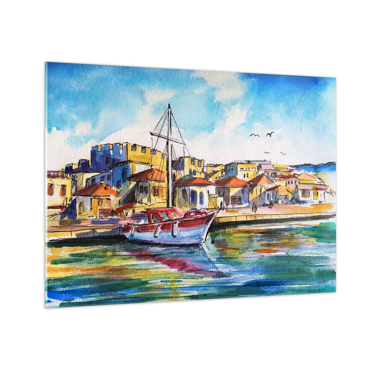 Üveg kép - Színes kikötő vitorláshajóval és mediterrán építészettel - 70x50cm - Szivárványos délután - Modern fali dekoráció nappalihoz és hálószobához ARTTOR