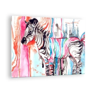 Üveg kép - Színes zebra akvarell stílusban - 70x50cm - A természet gondtalan tréfája - Modern fali dekoráció nappalihoz és hálószobához ARTTOR