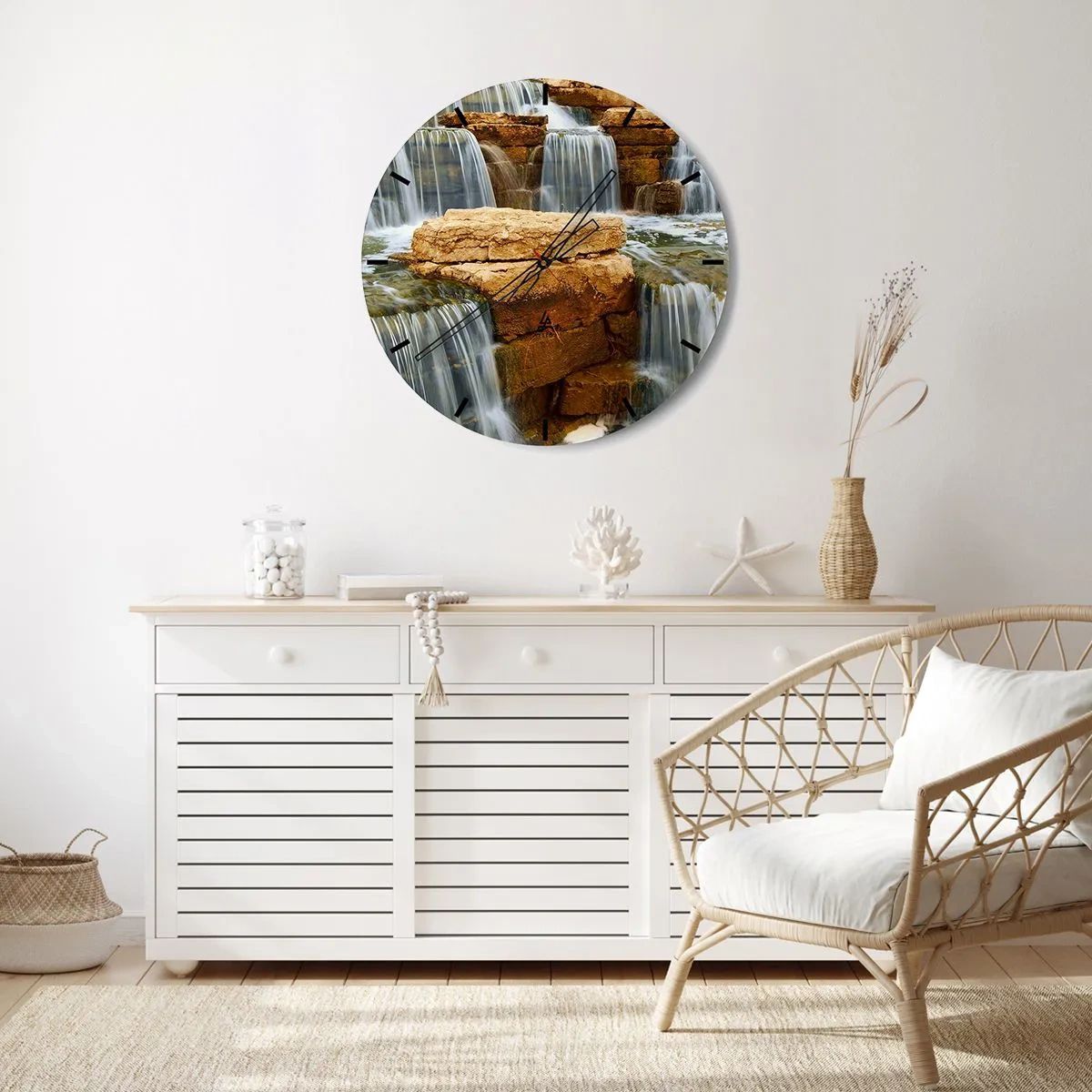 Falióra, Óra - Vízesés zuhan alá a sziklák hátterében - 30x30cm - Lépcső a menybe - Modern fali dekoráció nappalihoz, konyhához és hálószobához ARTTOR