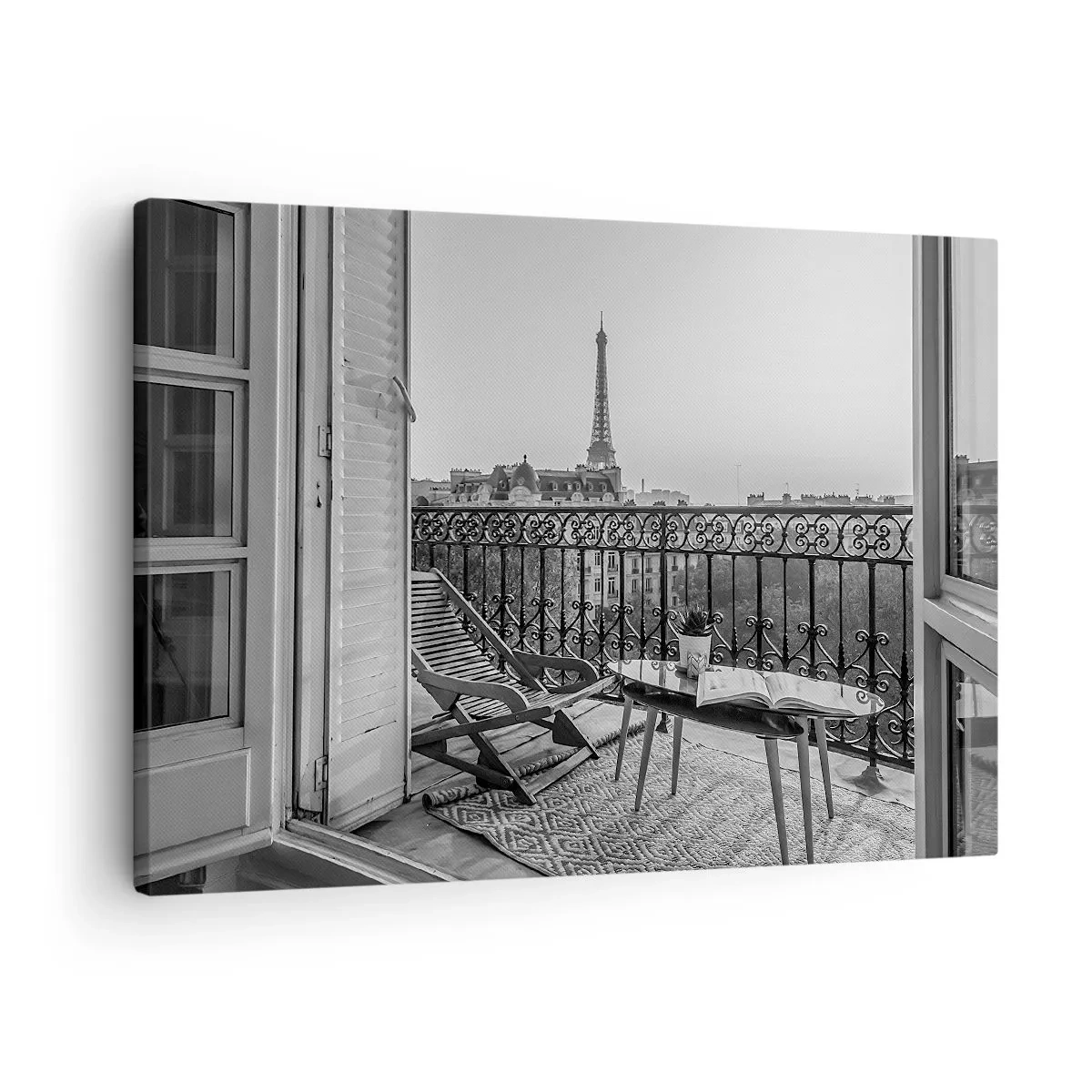 Vászonkép - Kilátás az Eiffel-toronyra a nyugágyakkal és asztallal ellátott erkélyről - 70x50cm - Párizsi délután - Modern fali dekoráció nappalihoz és hálószobához ARTTOR