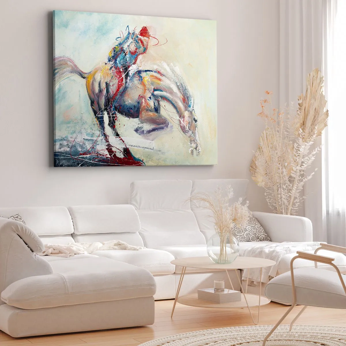 Vászonkép - Egy ló dinamikus képe absztrakt művészi stílusban. - 70x50cm - Várj, megyünk - Modern fali dekoráció nappalihoz és hálószobához ARTTOR