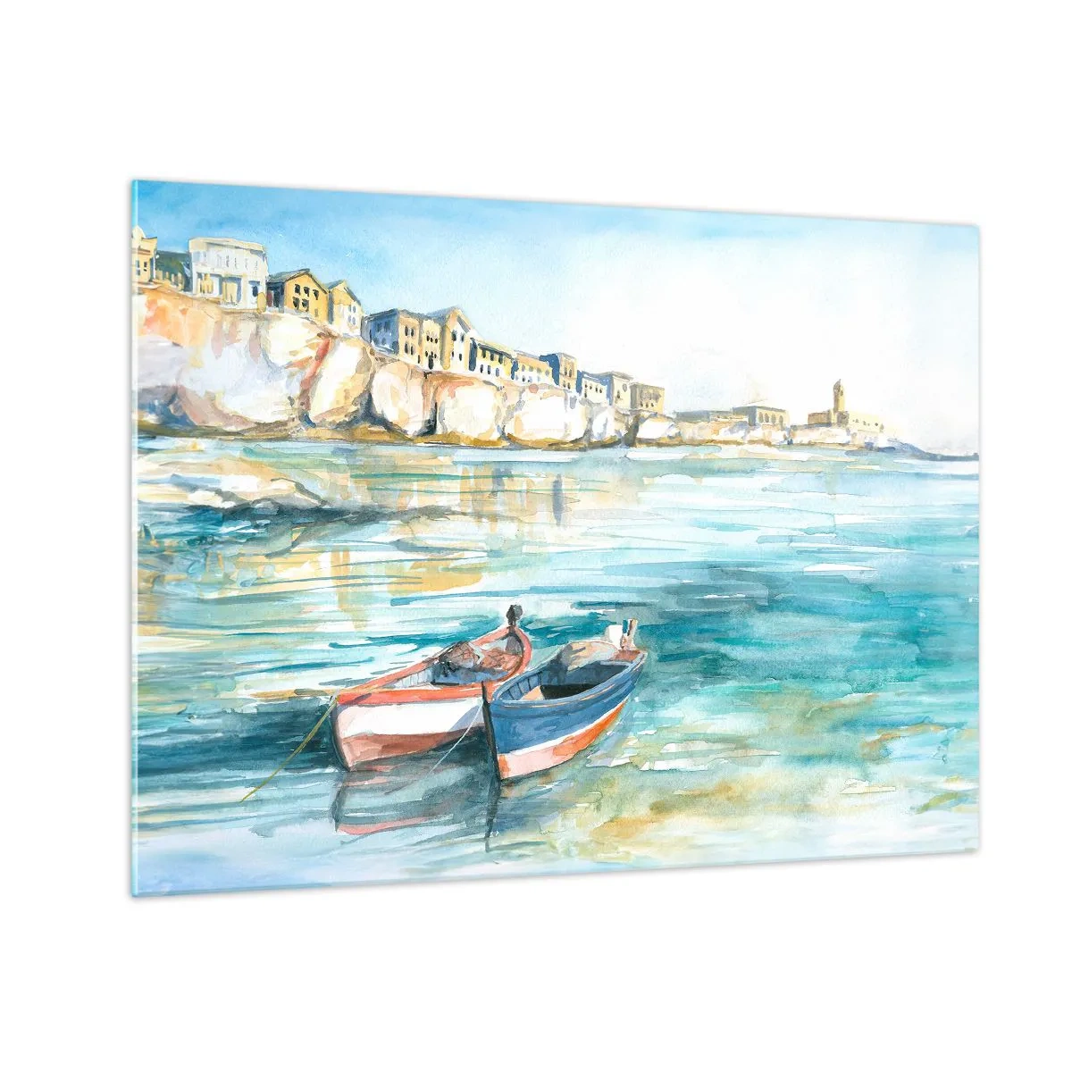 Üveg kép - Egy akvamarin öböl hajókkal és épületekkel a sziklán - 70x50cm - Tájkép azúrkéken - Modern fali dekoráció nappalihoz és hálószobához ARTTOR