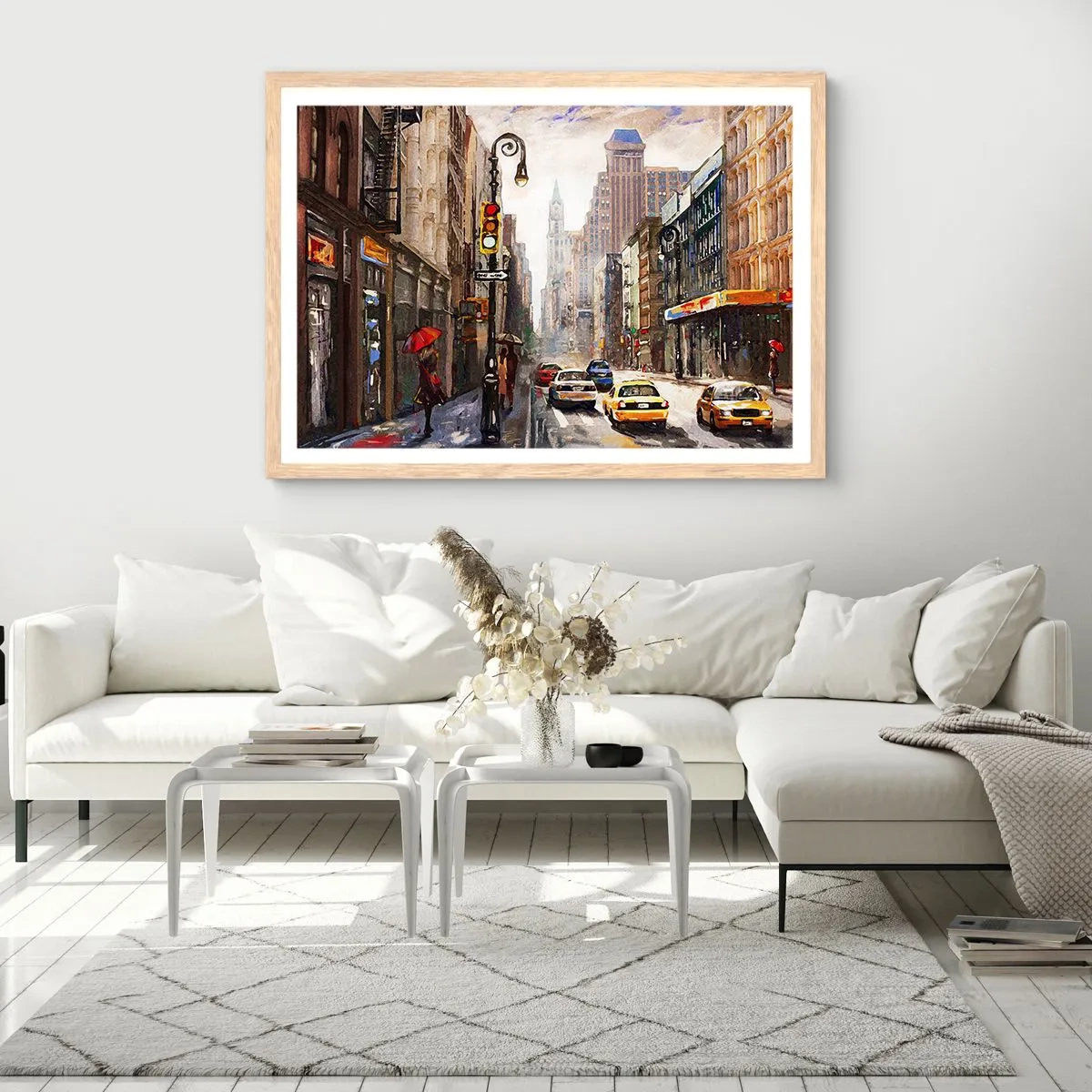 Poszter világos tölgy keretben - New York – esőben is színes - 40x30 cm