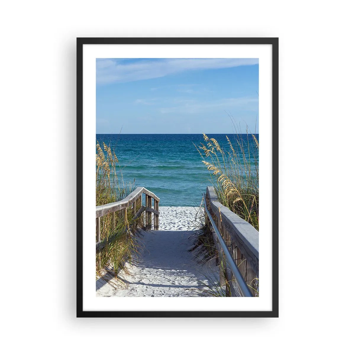 Poszter fehér keretben - Bejárat a strandra tengerre néző kilátással - 50x70cm - Napsütésben, szélben - Modern fali dekoráció nappalihoz és hálószobához ARTTOR