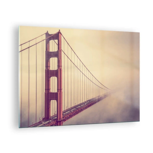 Üveg kép - San Francisco-i Golden Gate híd ködös tájban - 70x50cm - Ég és föld között - Modern fali dekoráció nappalihoz és hálószobához ARTTOR