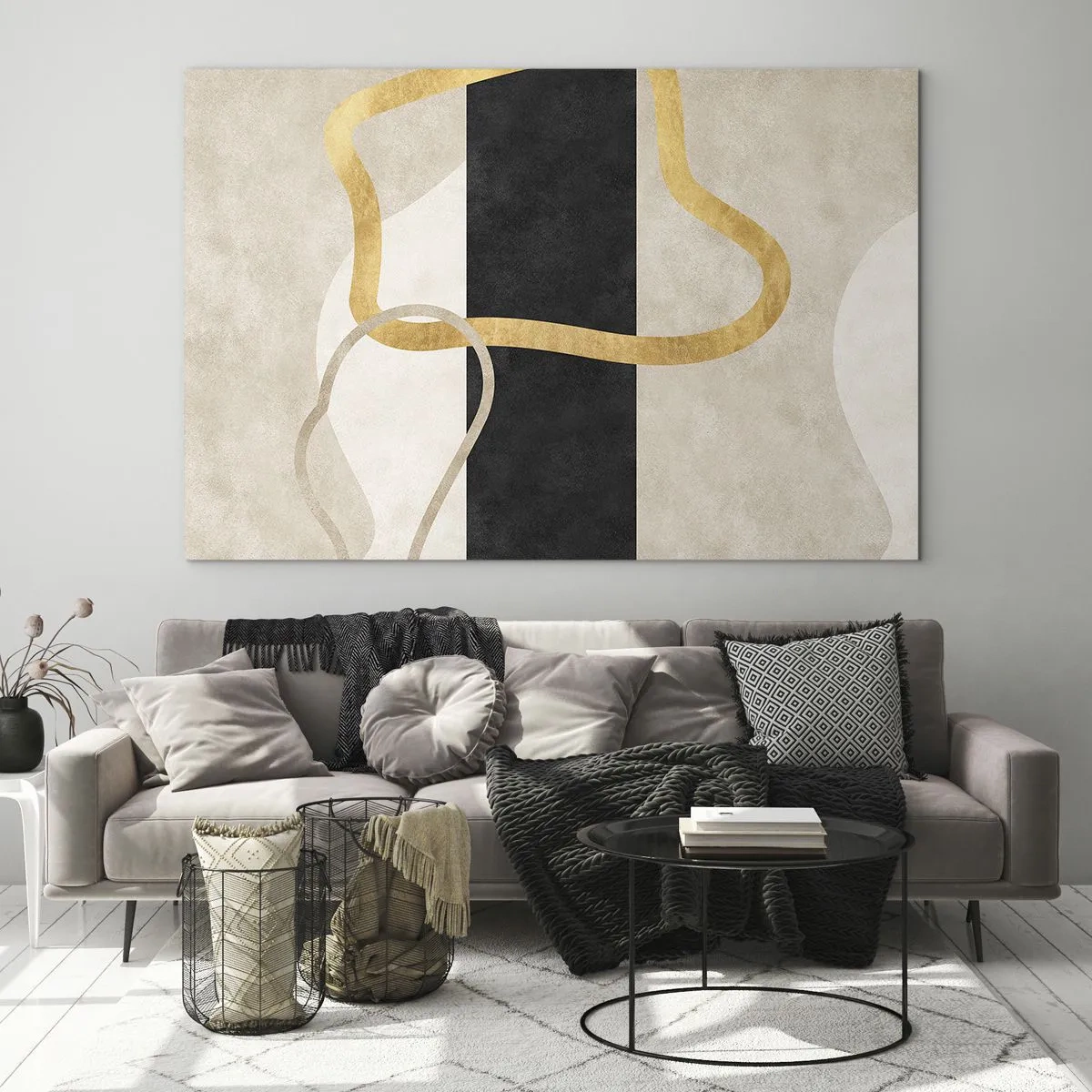 Üveg kép - Arany és bézs vonalak alkotnak hurkolt formákat fekete csíkos háttér előtt. - 70x50cm - Hurkolt formák - Modern fali dekoráció nappalihoz és hálószobához ARTTOR
