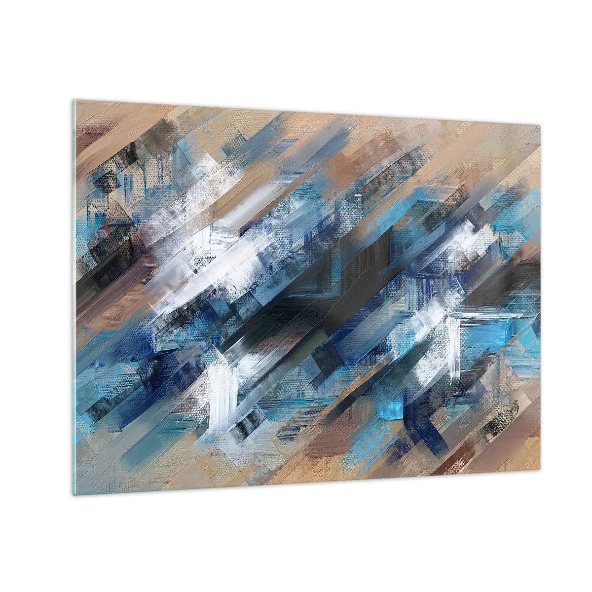 Üveg kép - Absztrakt átlós csíkok kék, fehér és bézs árnyalatokban - 70x50cm - Kék ferdén - Modern fali dekoráció nappalihoz és hálószobához ARTTOR