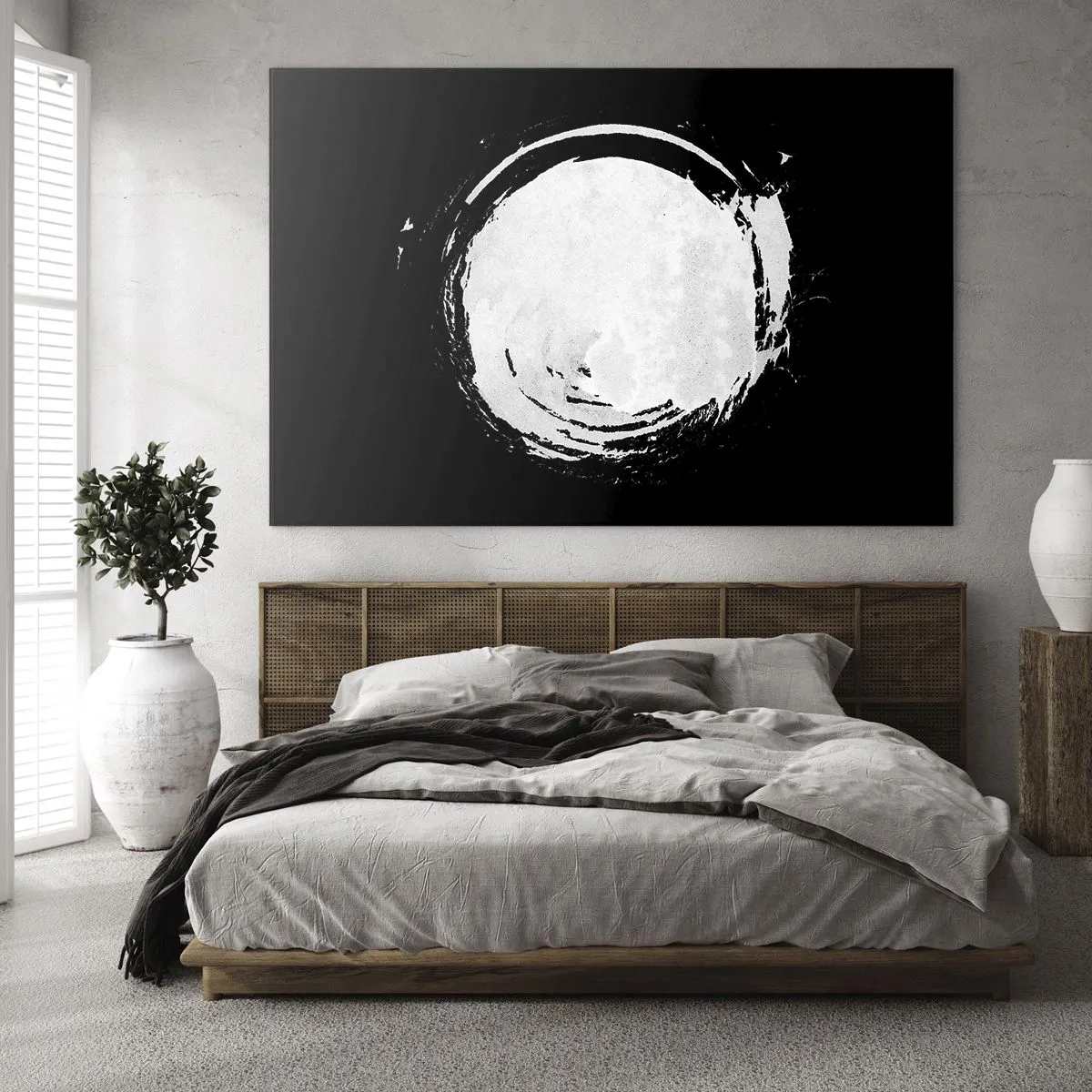 Üveg kép - Fehér absztrakt kör fekete alapon - 70x50cm - A jó kiút - Modern fali dekoráció nappalihoz és hálószobához ARTTOR