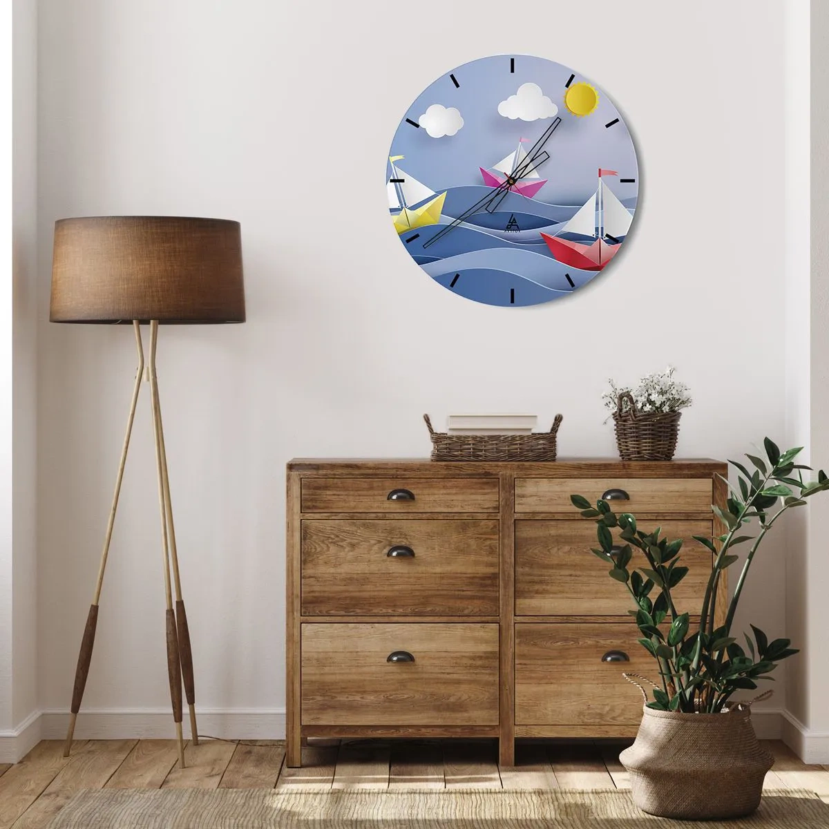 Falióra, Óra - Papírhajók a hullámokon egy napsütéses napon - 30x30cm - Ó, milyen jó hintázni a hullámokban - Modern fali dekoráció nappalihoz, konyhához és hálószobához ARTTOR