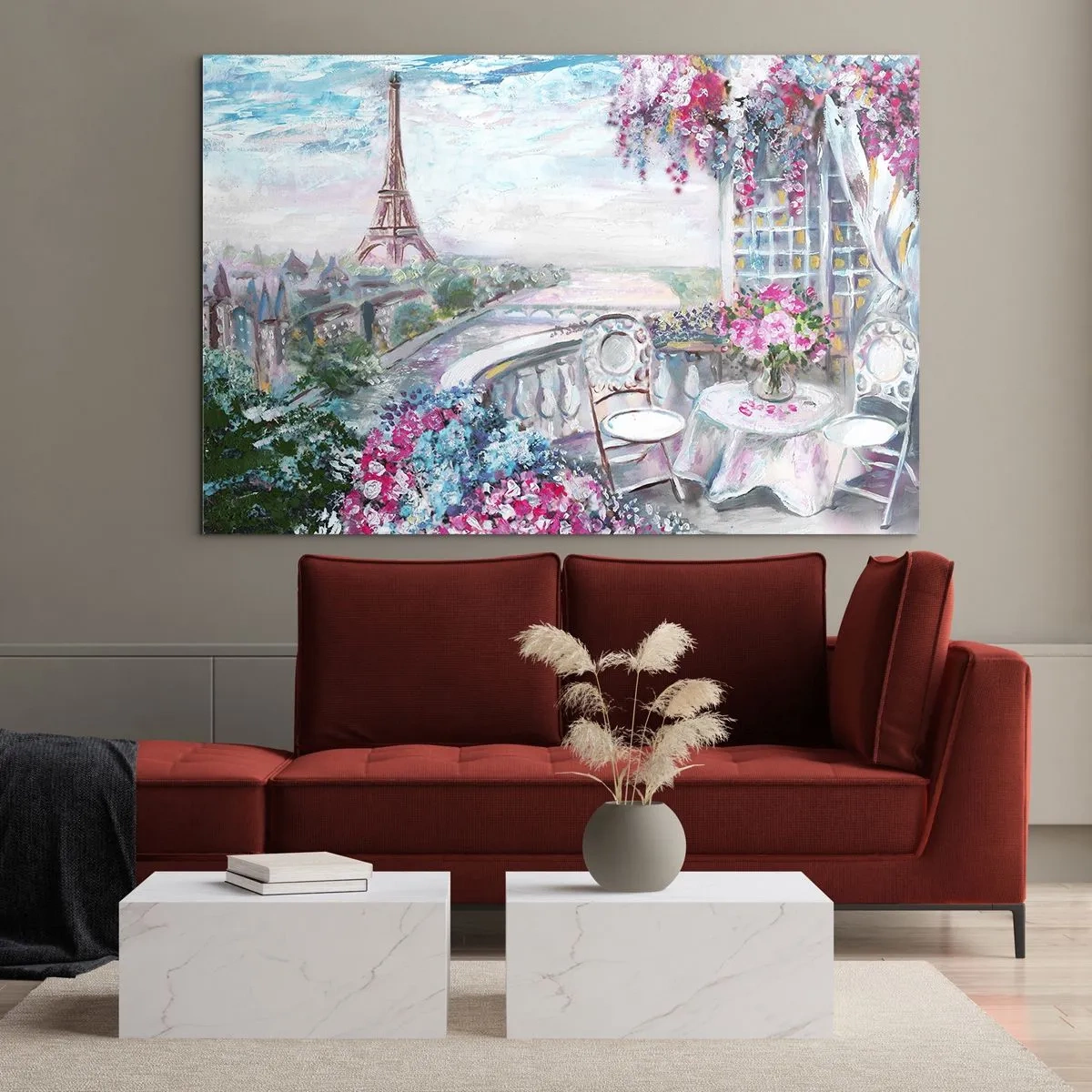 Üveg kép - Az Eiffel-torony látképének illusztrációja virágokkal teli erkéllyel - 70x50cm - Itt májusban a legszebb - Modern fali dekoráció nappalihoz és hálószobához ARTTOR