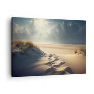 Vászonkép - Arany dűnék a tengerparton naplementekor, kilátással a tengerre - 70x50cm - Megnyugtató táj - Modern fali dekoráció nappalihoz és hálószobához ARTTOR