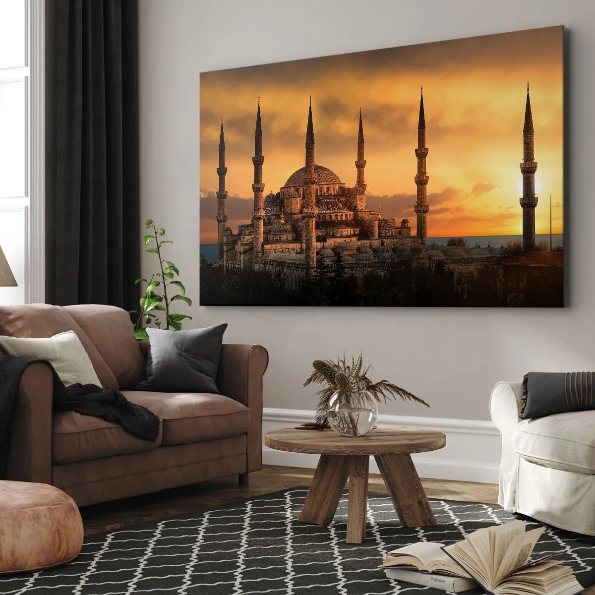 Vászonkép - A mecset naplementekor meleg színekben - 70x50cm - Isten hatalmas - Modern fali dekoráció nappalihoz és hálószobához ARTTOR