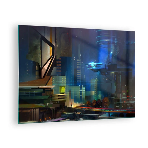 Üveg kép - Futurisztikus város éjszaka neonfényekkel és repülő járművel - 70x50cm - A közel jövőben - Modern fali dekoráció nappalihoz és hálószobához ARTTOR