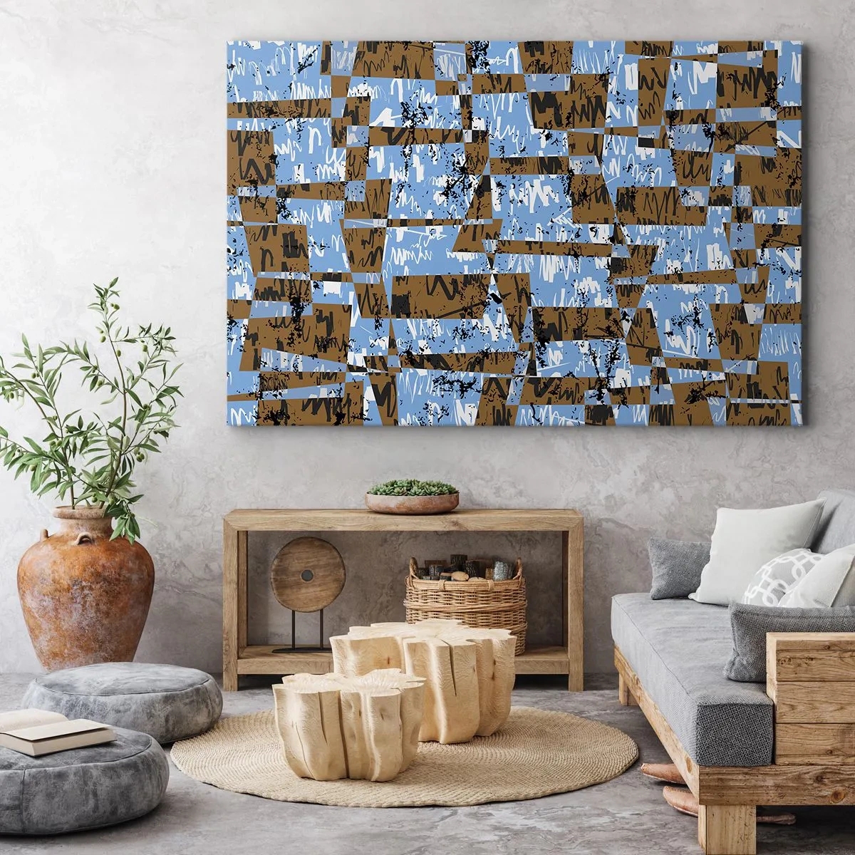 Vászonkép - Barna és kék árnyalatú téglalapok absztrakt kompozíciója. - 70x50cm - Nem népies kivágás - Modern fali dekoráció nappalihoz és hálószobához ARTTOR