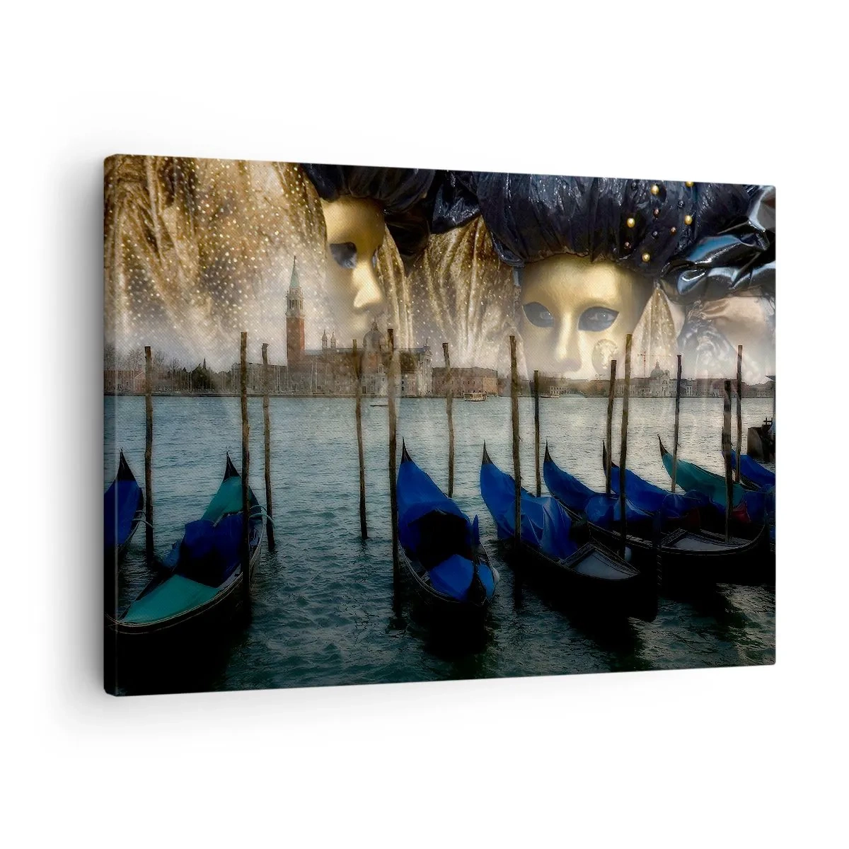 Vászonkép - Velencei karneváli maszkok és gondolák a város és a víz hátterében - 70x50cm - Ideje elkezdeni a karnevált - Modern fali dekoráció nappalihoz és hálószobához ARTTOR