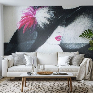 Fotótapéta Premium Canvas - Mindig titok - Nő Kalapban, Női Arc, vörös ajkak - 300x210 cm