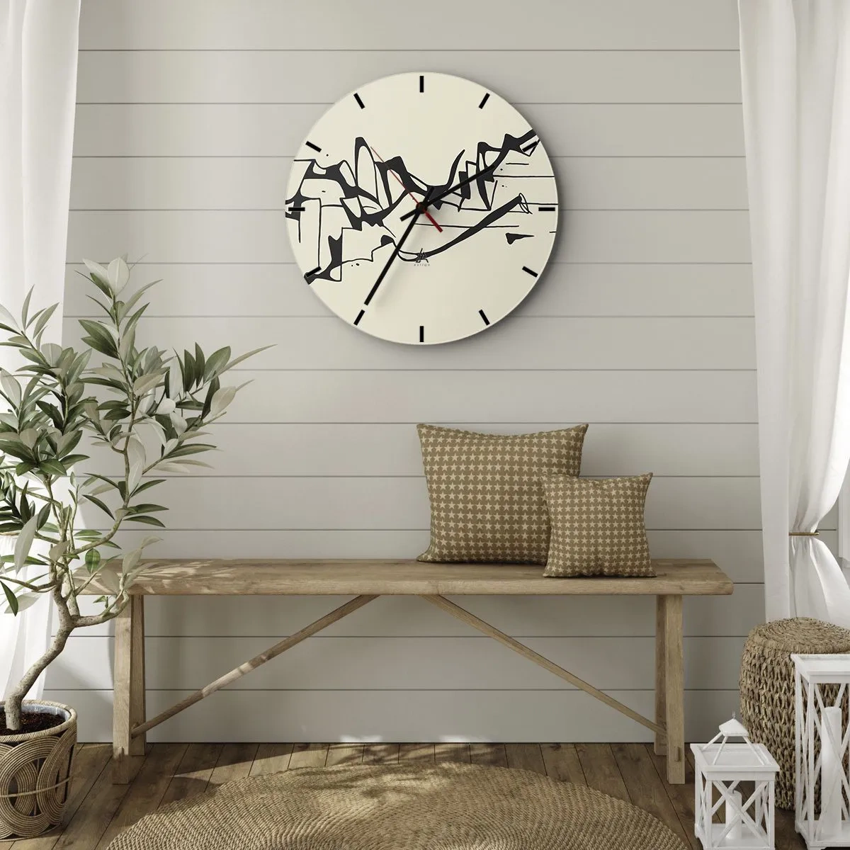 Falióra, Óra - Absztrakt fekete vonalak krémszínű alapon, amely egy tájképre hasonlít. - 30x30cm - Lehet egy táj - Modern fali dekoráció nappalihoz, konyhához és hálószobához ARTTOR
