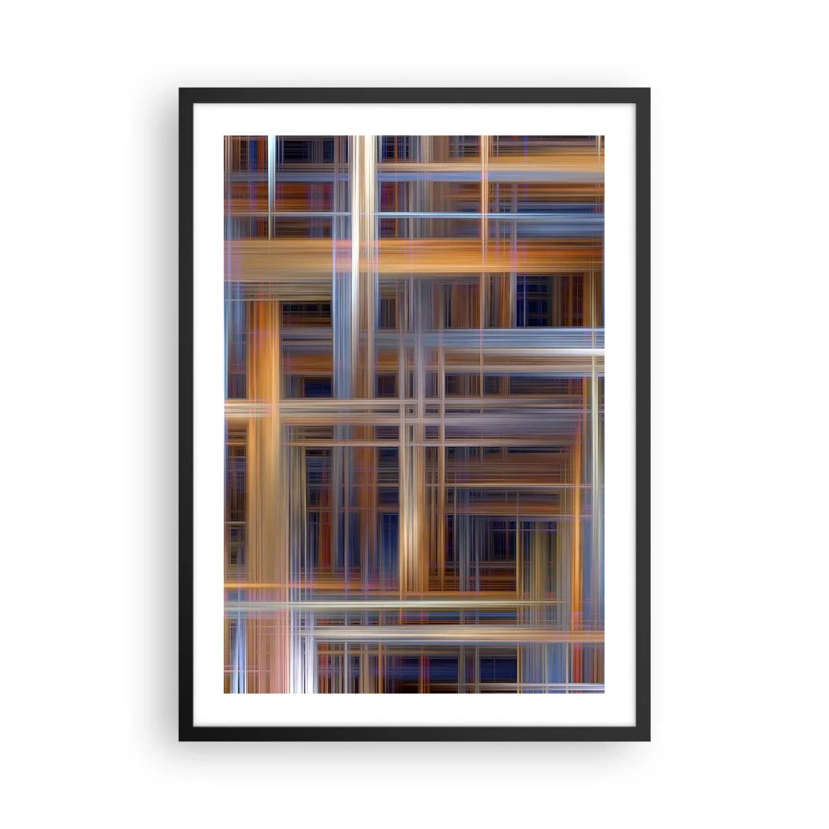 Poszter fehér keretben - Geometrikus vonalak meleg és hideg színekben - 50x70cm - Fényből szőtt - Modern fali dekoráció nappalihoz és hálószobához ARTTOR