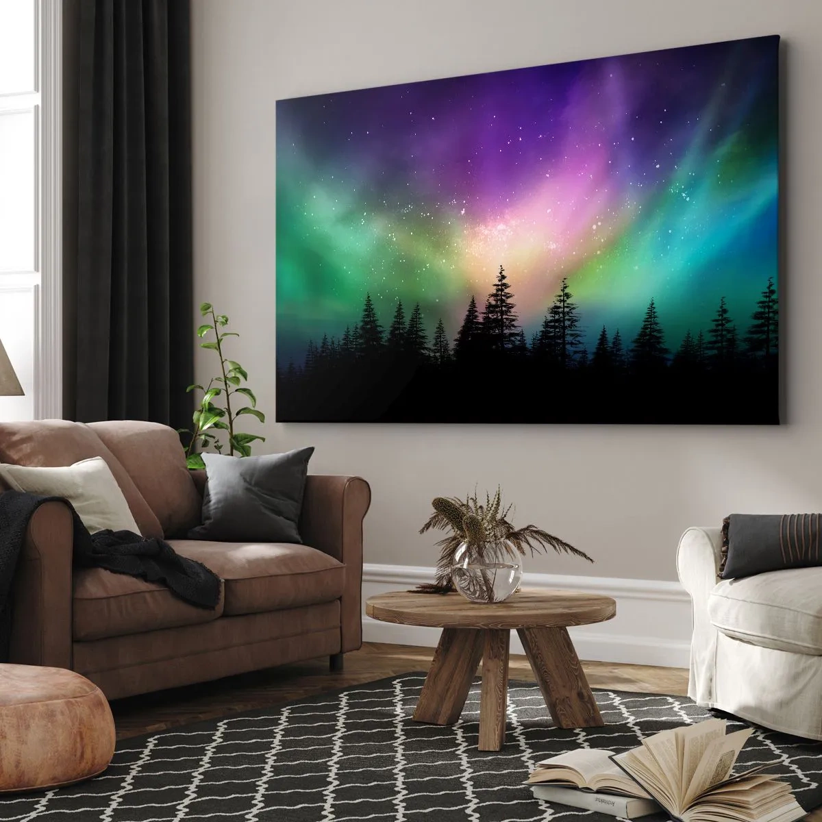 Vászonkép - Aurora Borealis egy erdő felett, csillagos égbolttal - 70x50cm - Fehér varázslat - Modern fali dekoráció nappalihoz és hálószobához ARTTOR