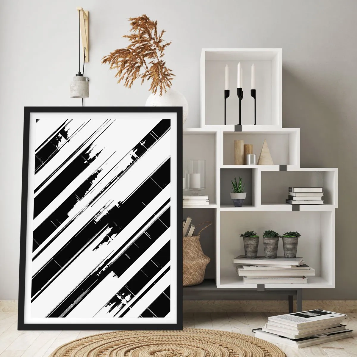 Poszter fehér keretben - Minimalista fekete-fehér absztrakció geometrikus vonalakkal - 50x70cm - Intenzív és dinamikus kompozíció - Modern fali dekoráció nappalihoz és hálószobához ARTTOR