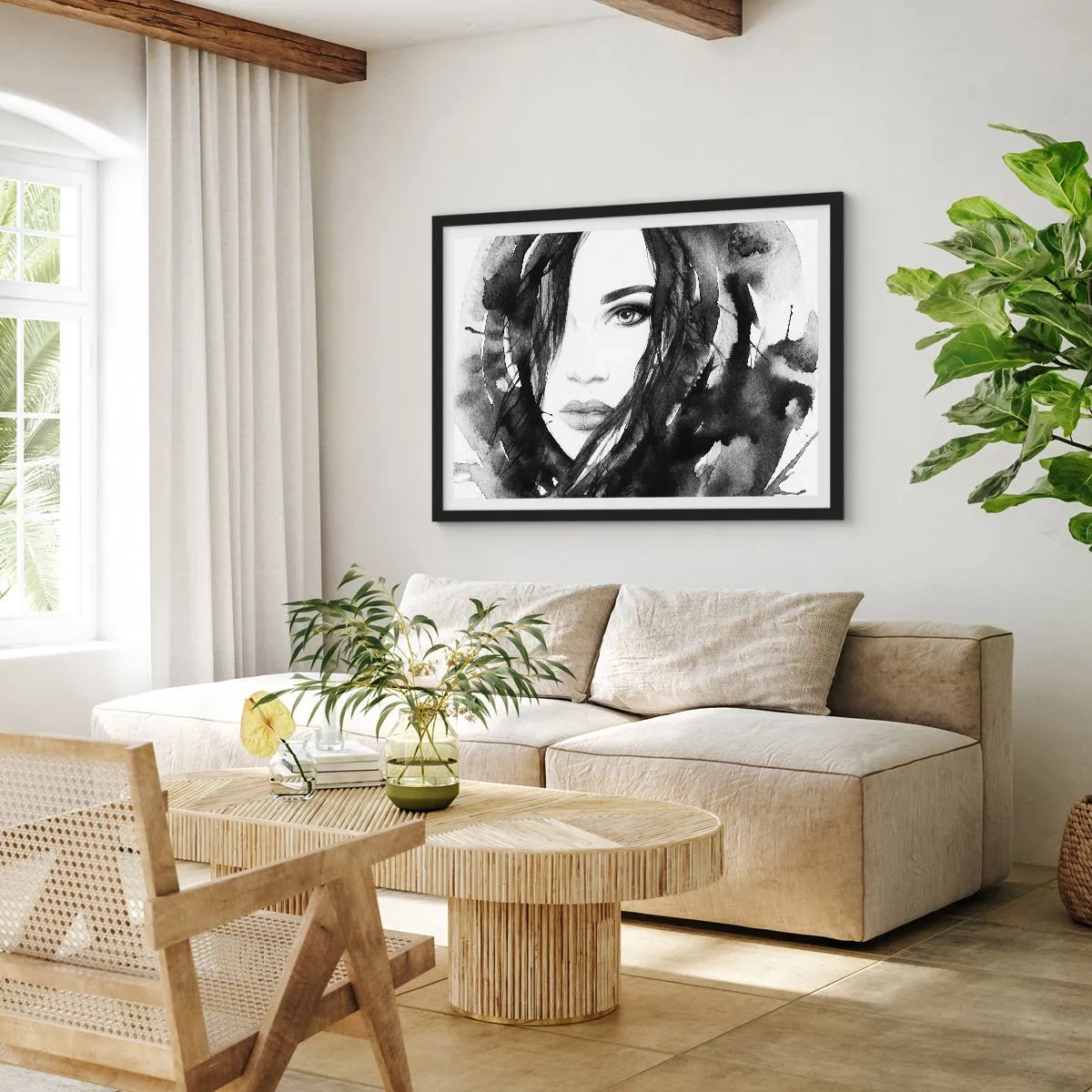 Poszter fehér keretben - Fekete-fehér hölgy portréja - 100x70 cm